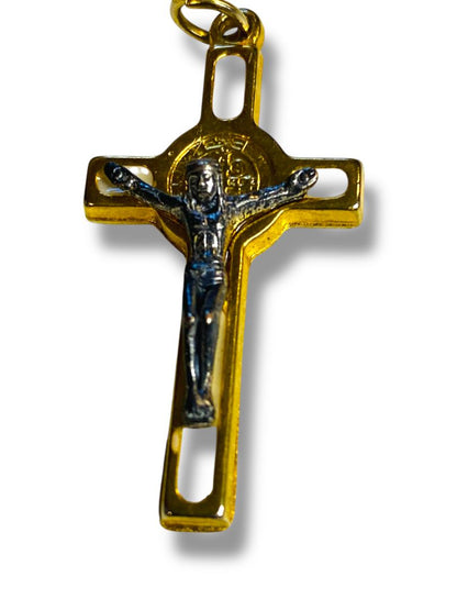 Catholic Saint St Benedict White Cloisonné Gold Tone Crucifix Pendant 1.5"