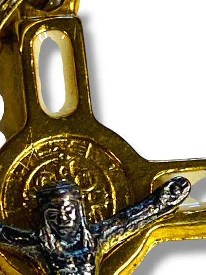 Catholic Saint St Benedict White Cloisonné Gold Tone Crucifix Pendant 1.5"