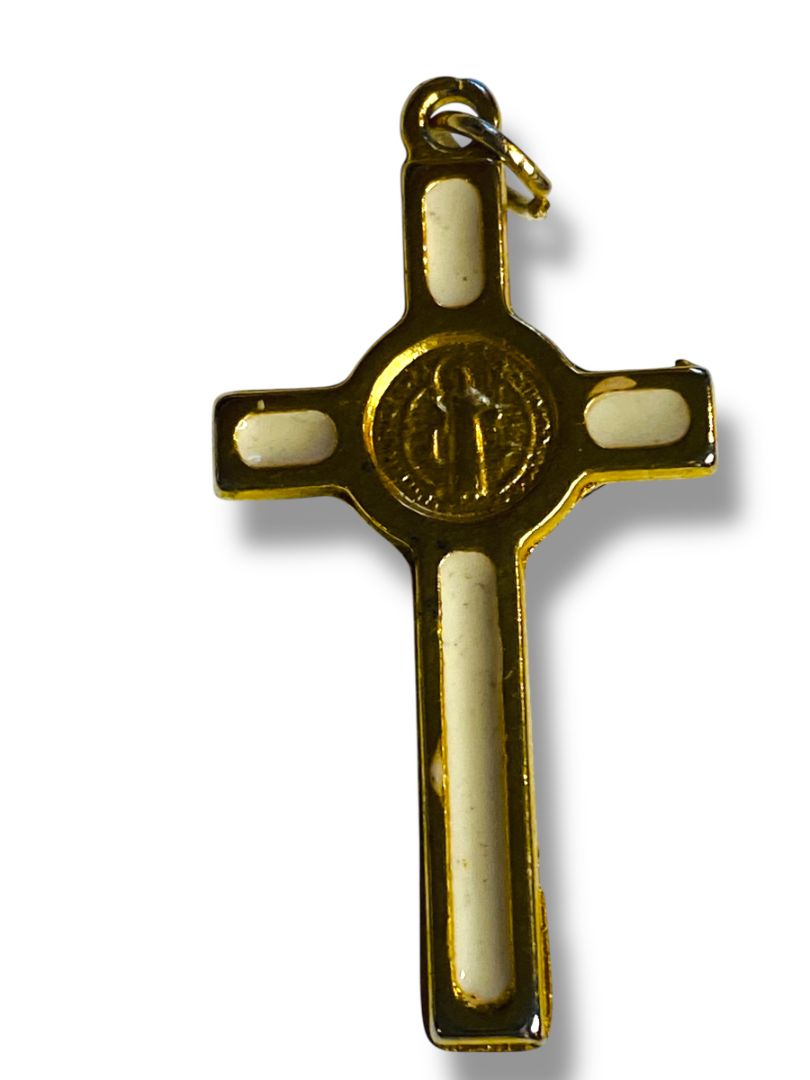 Catholic Saint St Benedict White Cloisonné Gold Tone Crucifix Pendant 1.5"