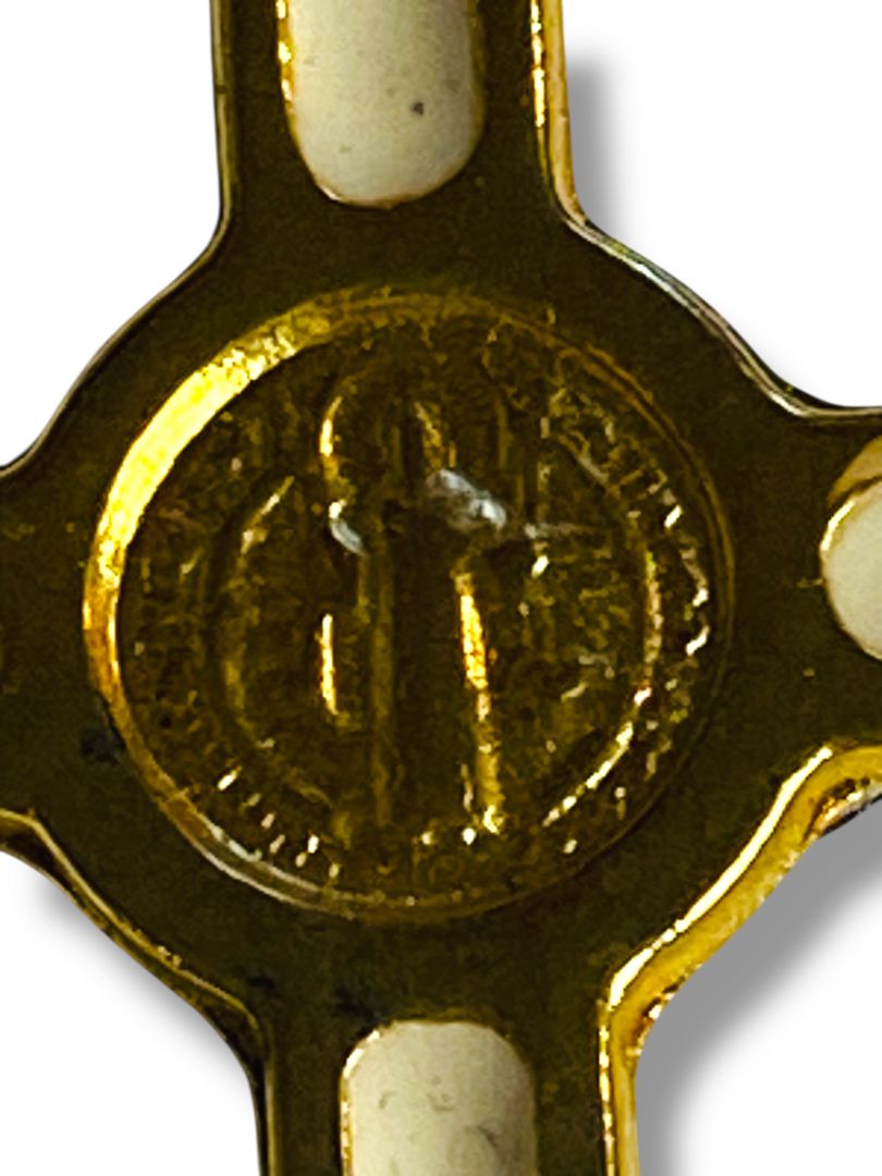 Catholic Saint St Benedict White Cloisonné Gold Tone Crucifix Pendant 1.5"