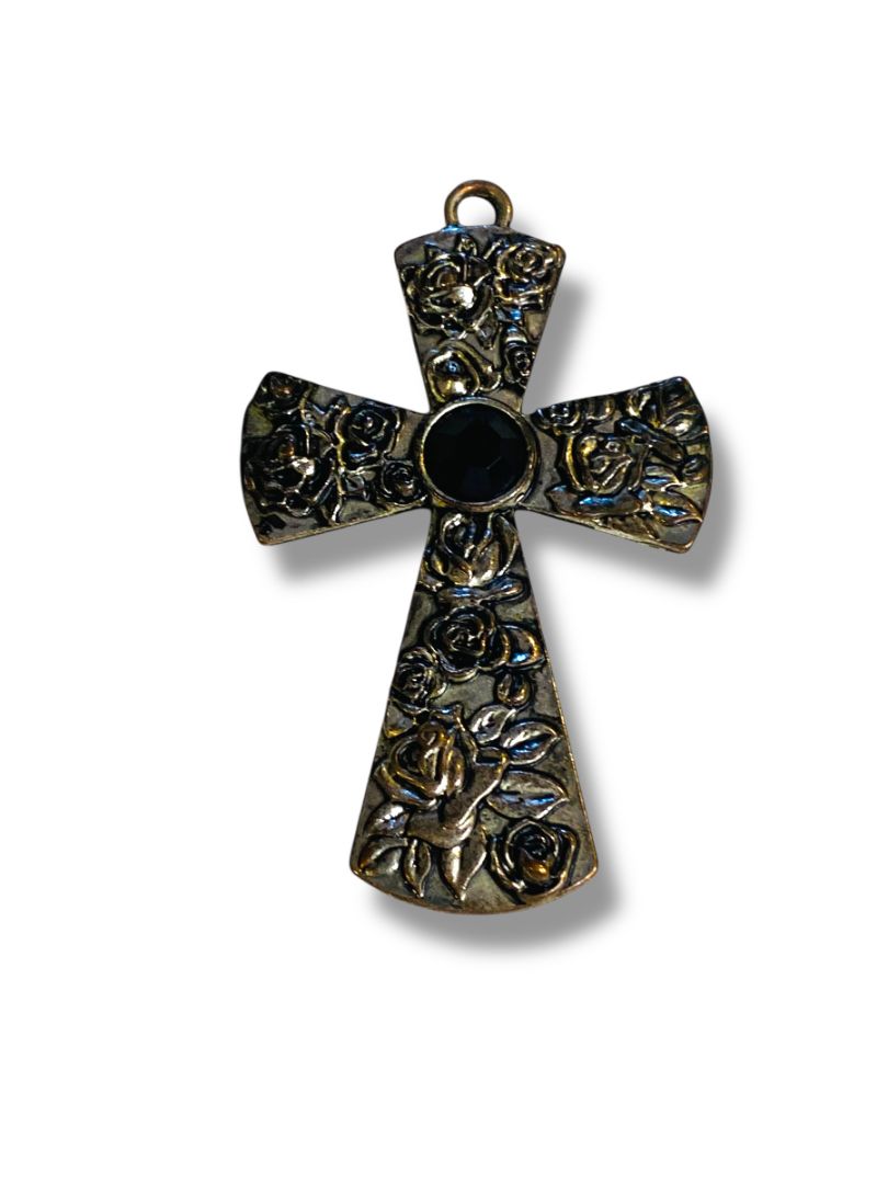 Silvertone Cross Pendant Black Center Rose Embossed 2.5"