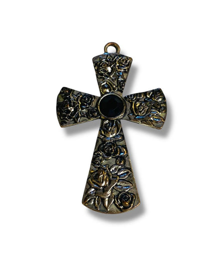 Silvertone Cross Pendant Black Center Rose Embossed 2.5"