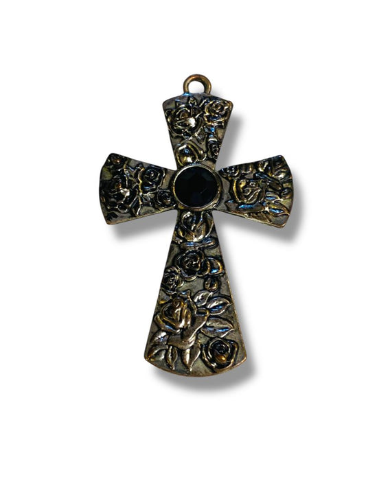 Silvertone Cross Pendant Black Center Rose Embossed 2.5"