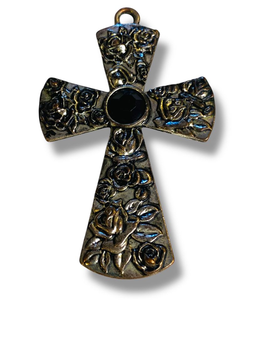Silvertone Cross Pendant Black Center Rose Embossed 2.5"