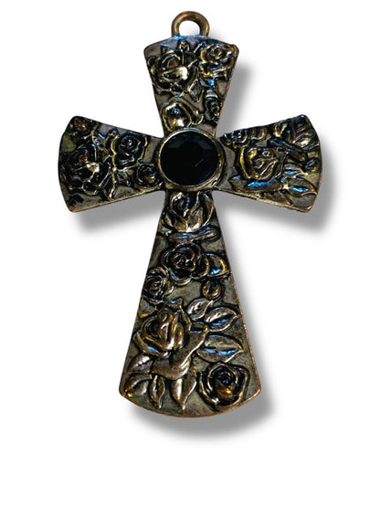 Silvertone Cross Pendant Black Center Rose Embossed 2.5"