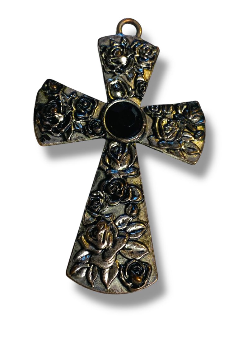 Silvertone Cross Pendant Black Center Rose Embossed 2.5"