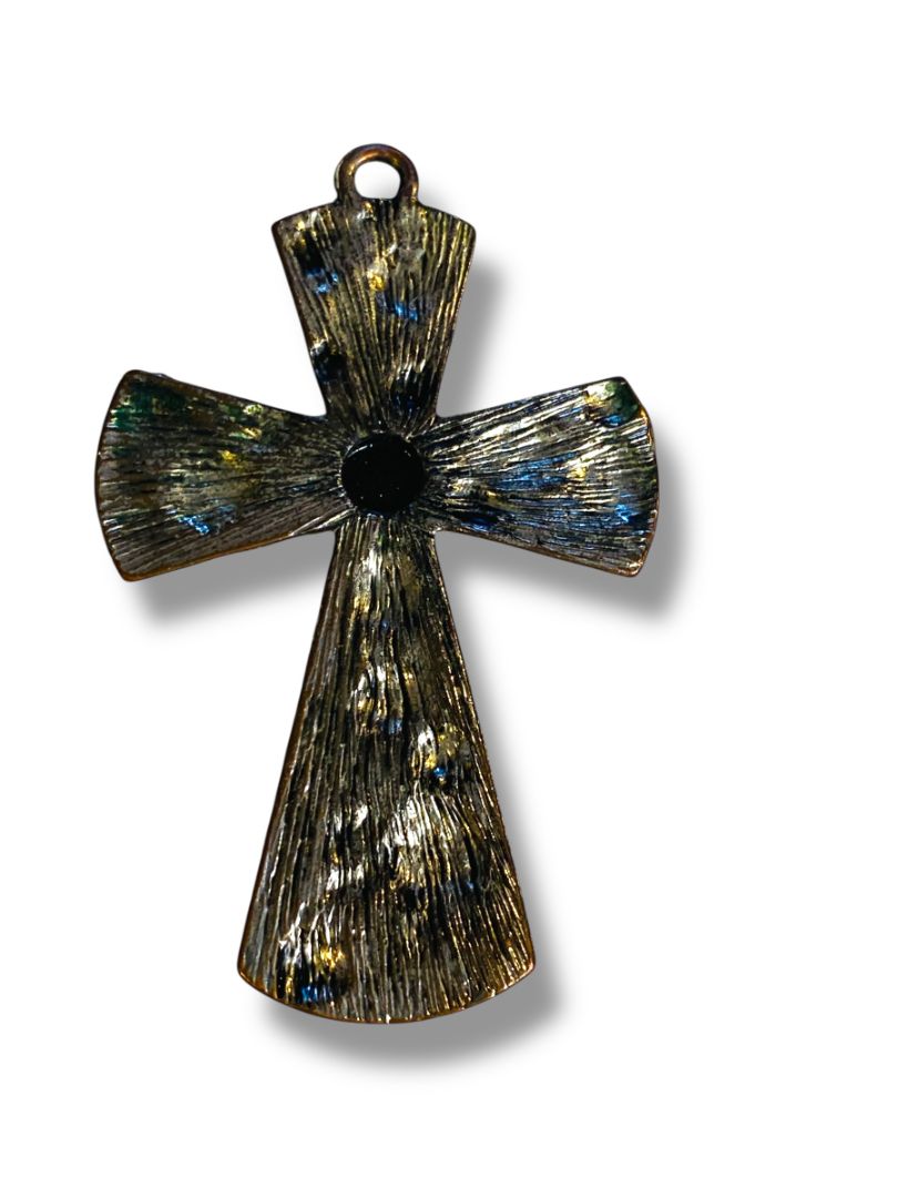 Silvertone Cross Pendant Black Center Rose Embossed 2.5"