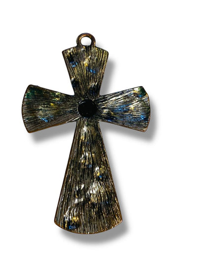 Silvertone Cross Pendant Black Center Rose Embossed 2.5"