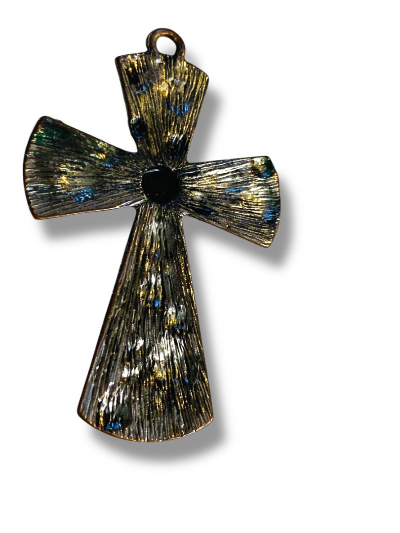 Silvertone Cross Pendant Black Center Rose Embossed 2.5"