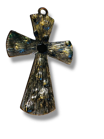 Silvertone Cross Pendant Black Center Rose Embossed 2.5"