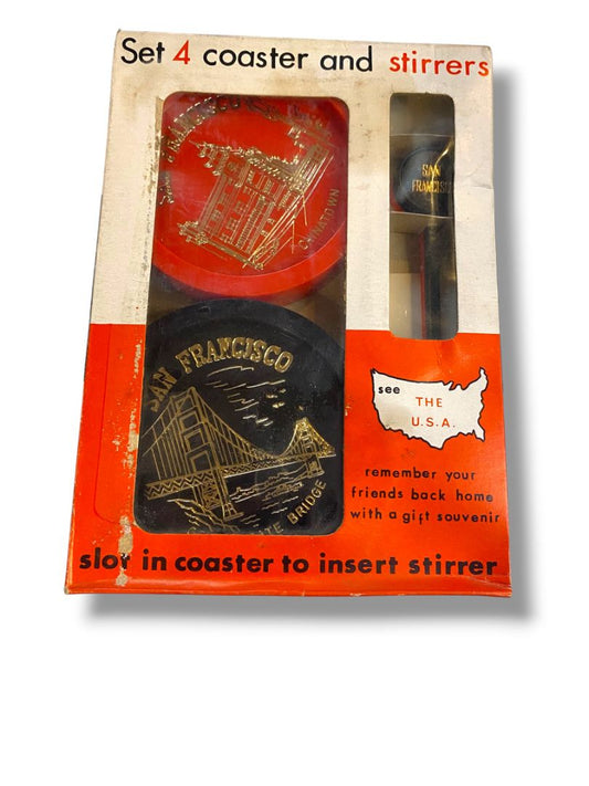Vintage New Set of 4 Souvenir San Franscisco Coaster and Stirrers Golden Gate Chinatown