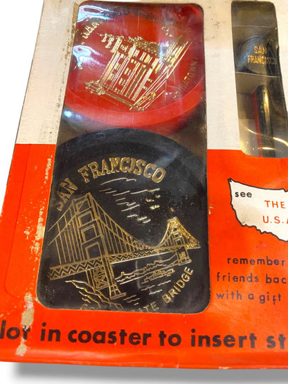 Vintage New Set of 4 Souvenir San Franscisco Coaster and Stirrers Golden Gate Chinatown