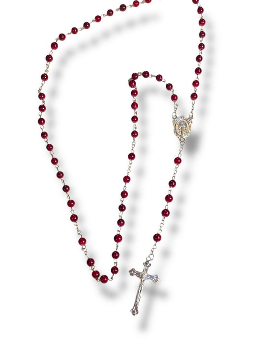 Red Silvertone Rosary Beads Necklace Catholic Religious Devotion