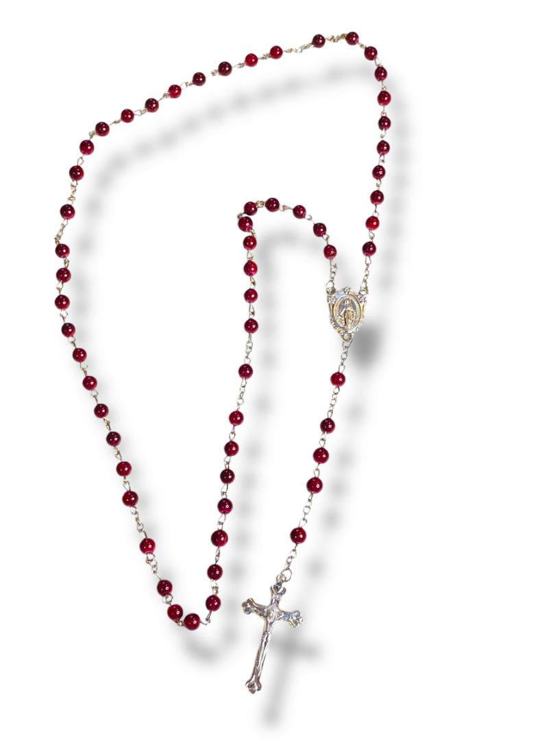 Red Silvertone Rosary Beads Necklace Catholic Religious Devotion