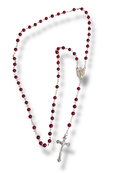 Red Silvertone Rosary Beads Necklace Catholic Religious Devotion