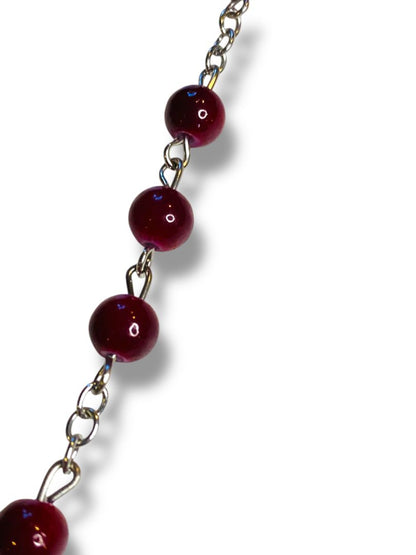 Red Silvertone Rosary Beads Necklace Catholic Religious Devotion
