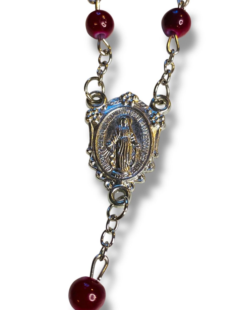 Red Silvertone Rosary Beads Necklace Catholic Religious Devotion