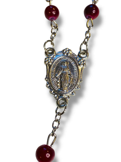 Red Silvertone Rosary Beads Necklace Catholic Religious Devotion