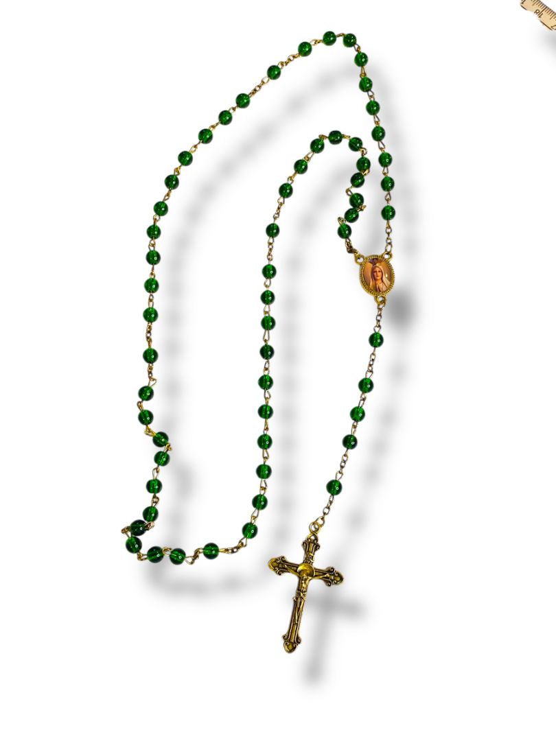 2019 America Needs Fatima Green Goldtone Rosary Beads Virgin Mary Medal