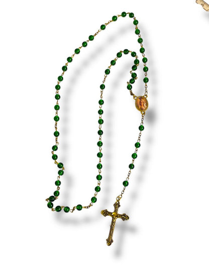 2019 America Needs Fatima Green Goldtone Rosary Beads Virgin Mary Medal