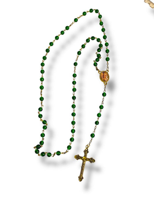 2019 America Needs Fatima Green Goldtone Rosary Beads Virgin Mary Medal