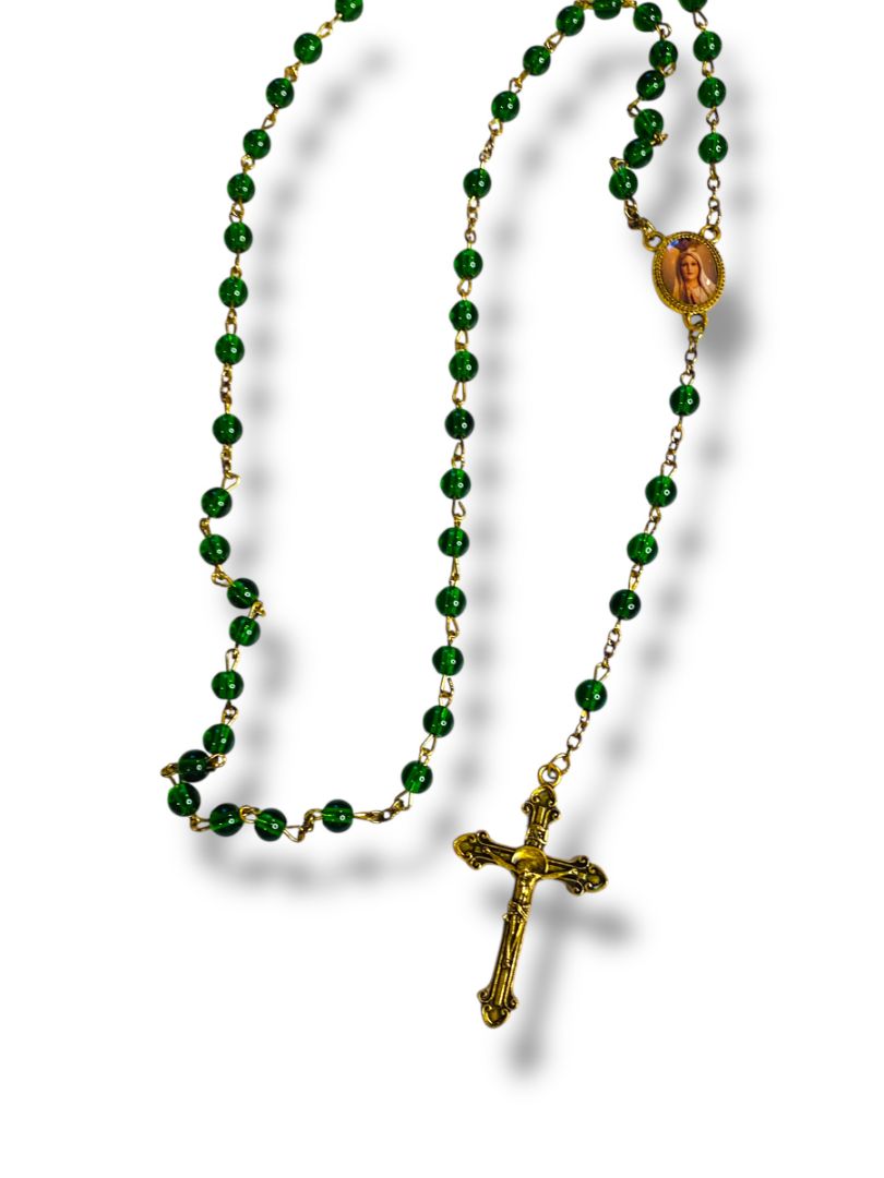2019 America Needs Fatima Green Goldtone Rosary Beads Virgin Mary Medal