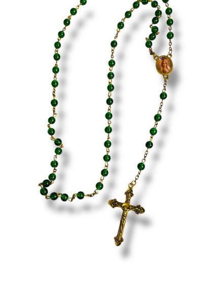 2019 America Needs Fatima Green Goldtone Rosary Beads Virgin Mary Medal