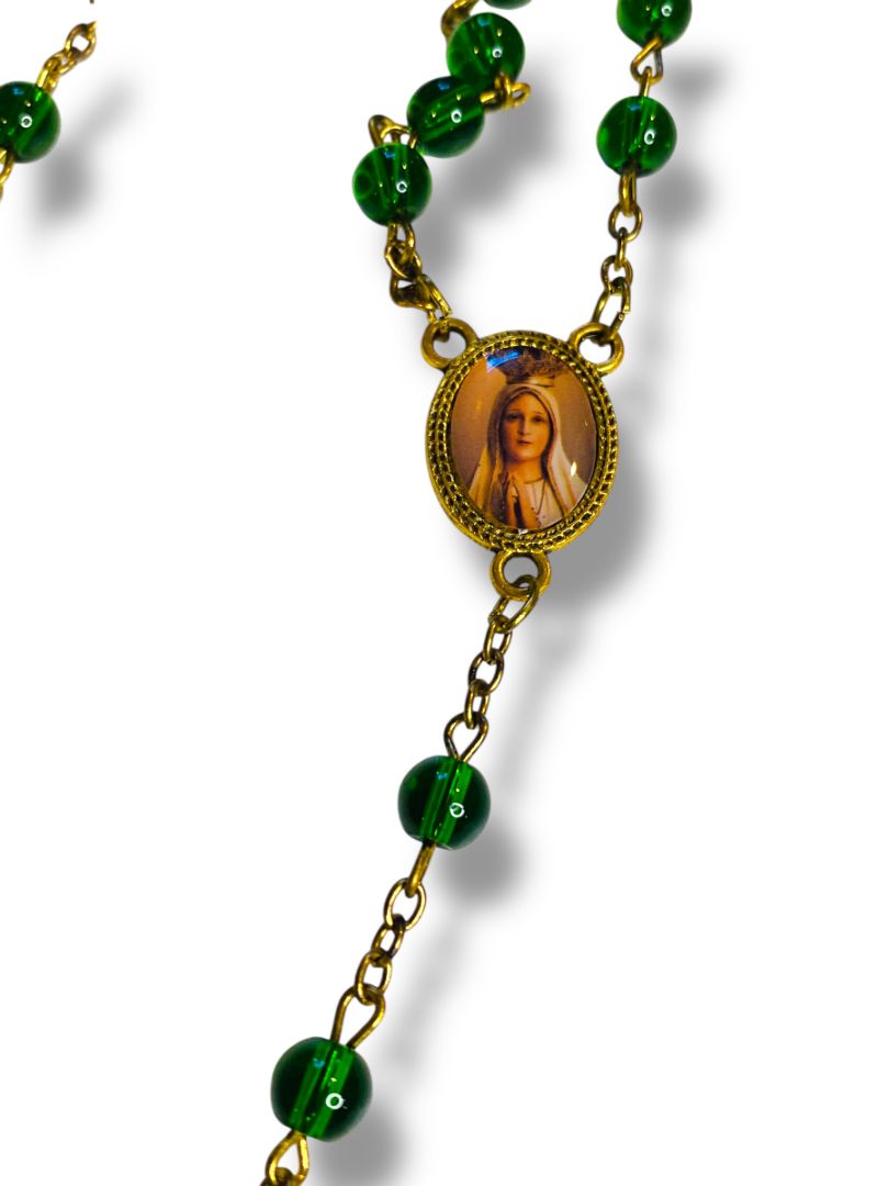 2019 America Needs Fatima Green Goldtone Rosary Beads Virgin Mary Medal