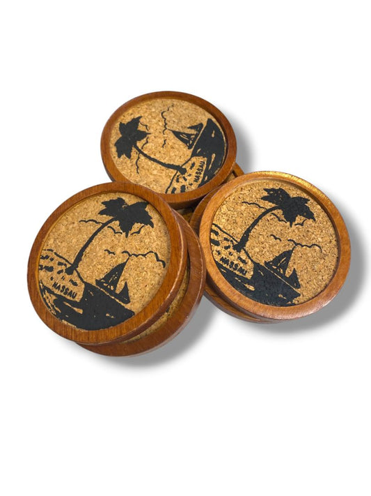 Vintage Set of 6 New Nassau Souvenir Coasters 3.25" Cork Wood