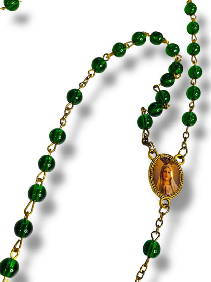 2019 America Needs Fatima Green Goldtone Rosary Beads Virgin Mary Medal