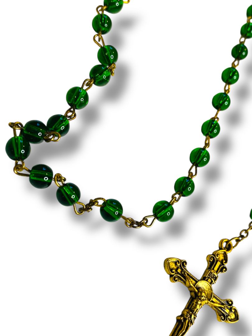 2019 America Needs Fatima Green Goldtone Rosary Beads Virgin Mary Medal