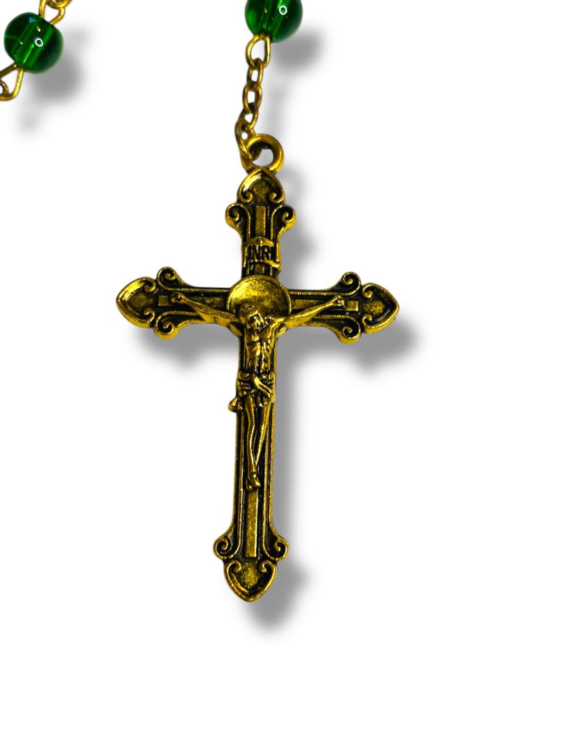 2019 America Needs Fatima Green Goldtone Rosary Beads Virgin Mary Medal