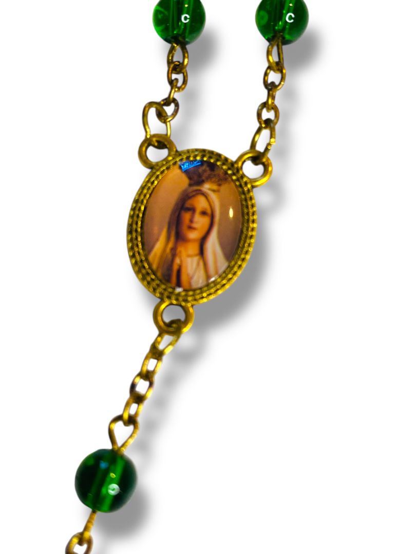 2019 America Needs Fatima Green Goldtone Rosary Beads Virgin Mary Medal