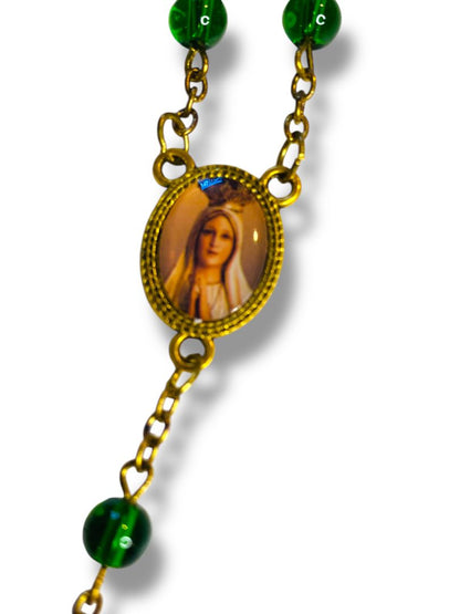 2019 America Needs Fatima Green Goldtone Rosary Beads Virgin Mary Medal