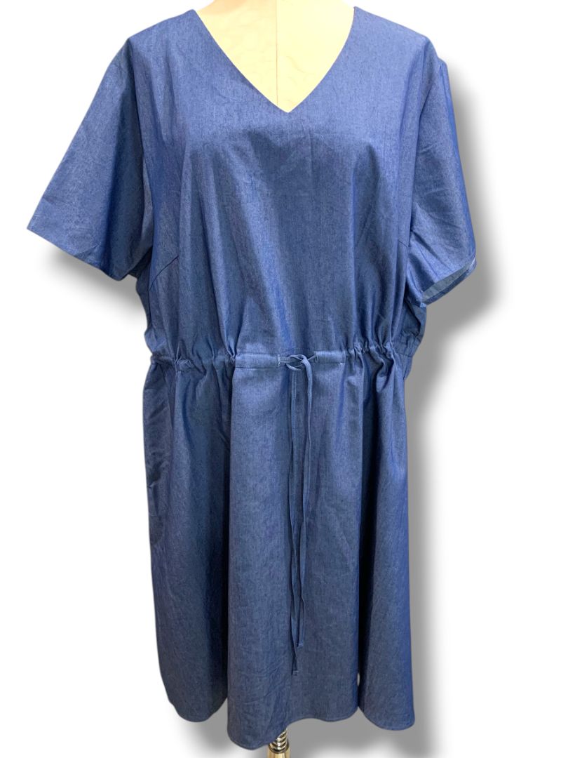 4X Agnes Orinda Plus Size Denim Jean Dress Drawstring Waist V-Neck Pockets