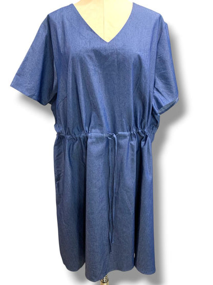 4X Agnes Orinda Plus Size Denim Jean Dress Drawstring Waist V-Neck Pockets