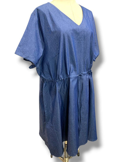 4X Agnes Orinda Plus Size Denim Jean Dress Drawstring Waist V-Neck Pockets