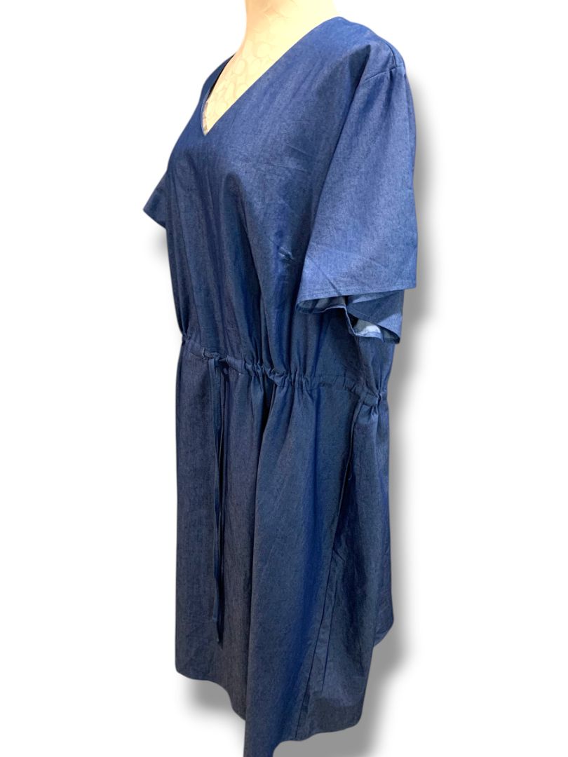 4X Agnes Orinda Plus Size Denim Jean Dress Drawstring Waist V-Neck Pockets