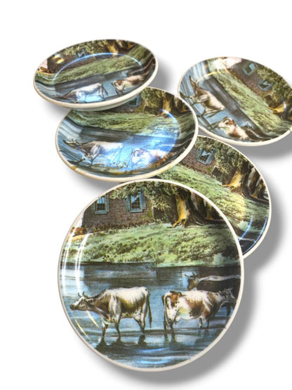 Set of 5 Vintage Melamine Drink Coasters Cattle Pond 4" Diameter