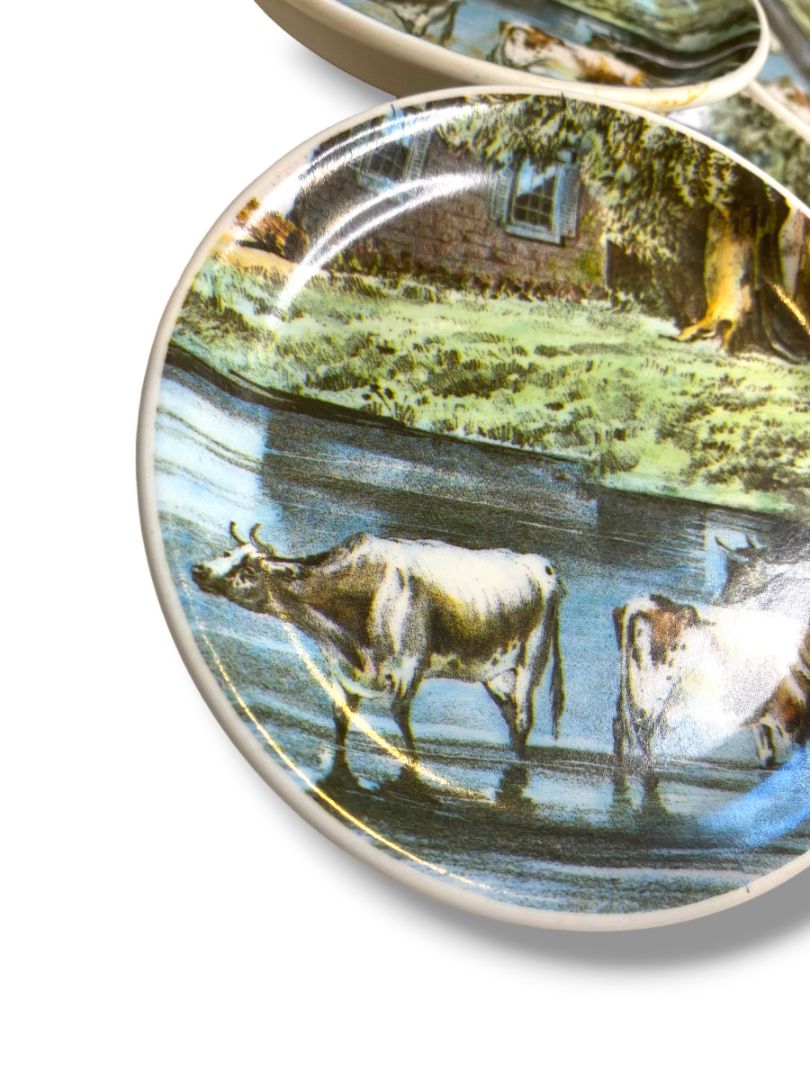 Set of 5 Vintage Melamine Drink Coasters Cattle Pond 4" Diameter