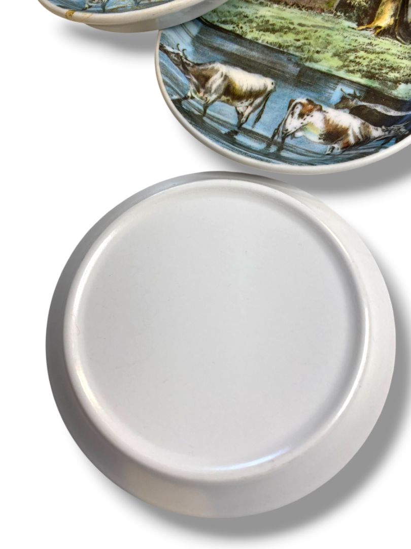 Set of 5 Vintage Melamine Drink Coasters Cattle Pond 4" Diameter
