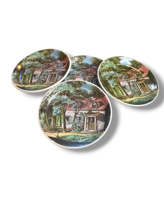 Set of 4 Vintage Melamine Drink Coasters Woman in Cottage 4" Diameter
