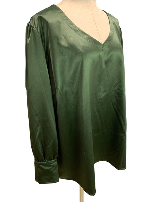 Size 2X Belle by Kim Gravel Forest Green Satin Blouse V-Neck Pullover
