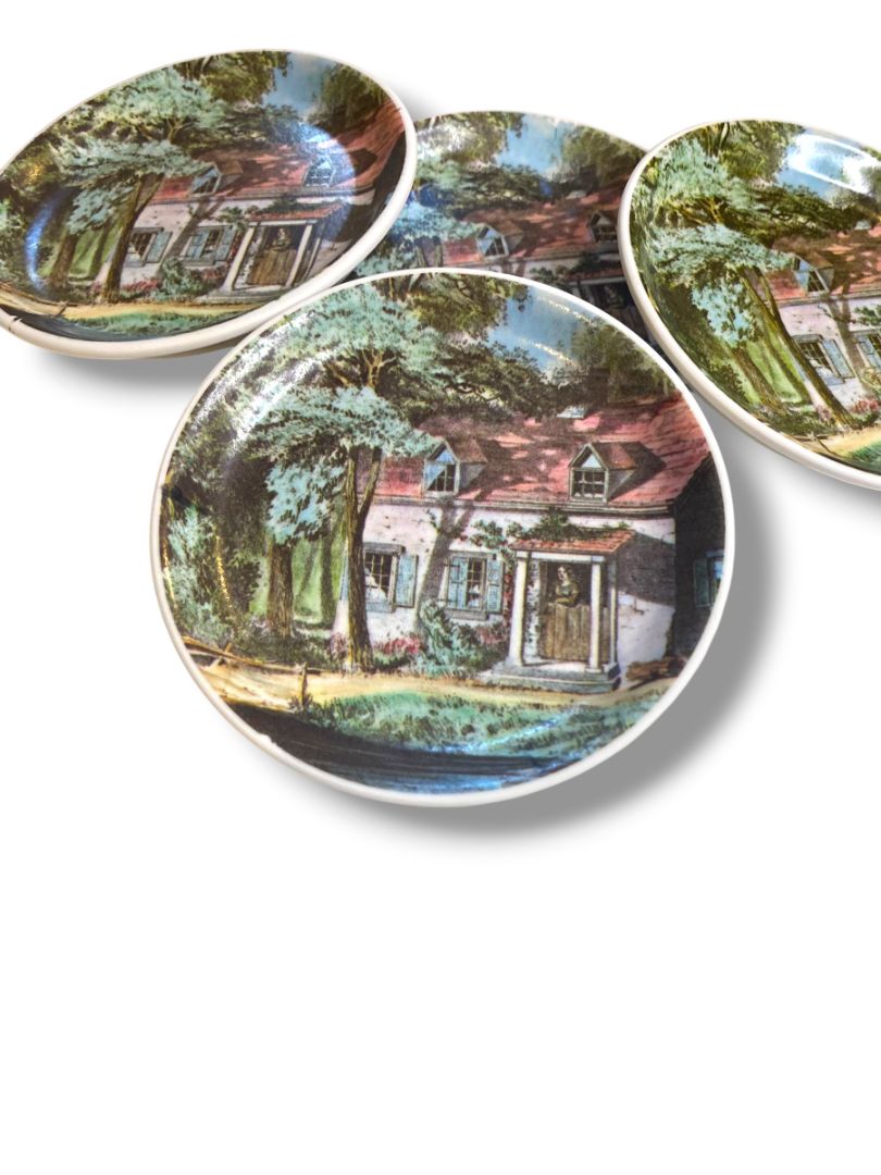 Set of 4 Vintage Melamine Drink Coasters Woman in Cottage 4" Diameter