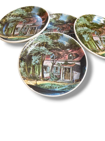 Set of 4 Vintage Melamine Drink Coasters Woman in Cottage 4" Diameter