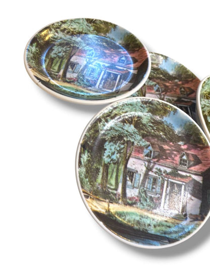 Set of 4 Vintage Melamine Drink Coasters Woman in Cottage 4" Diameter