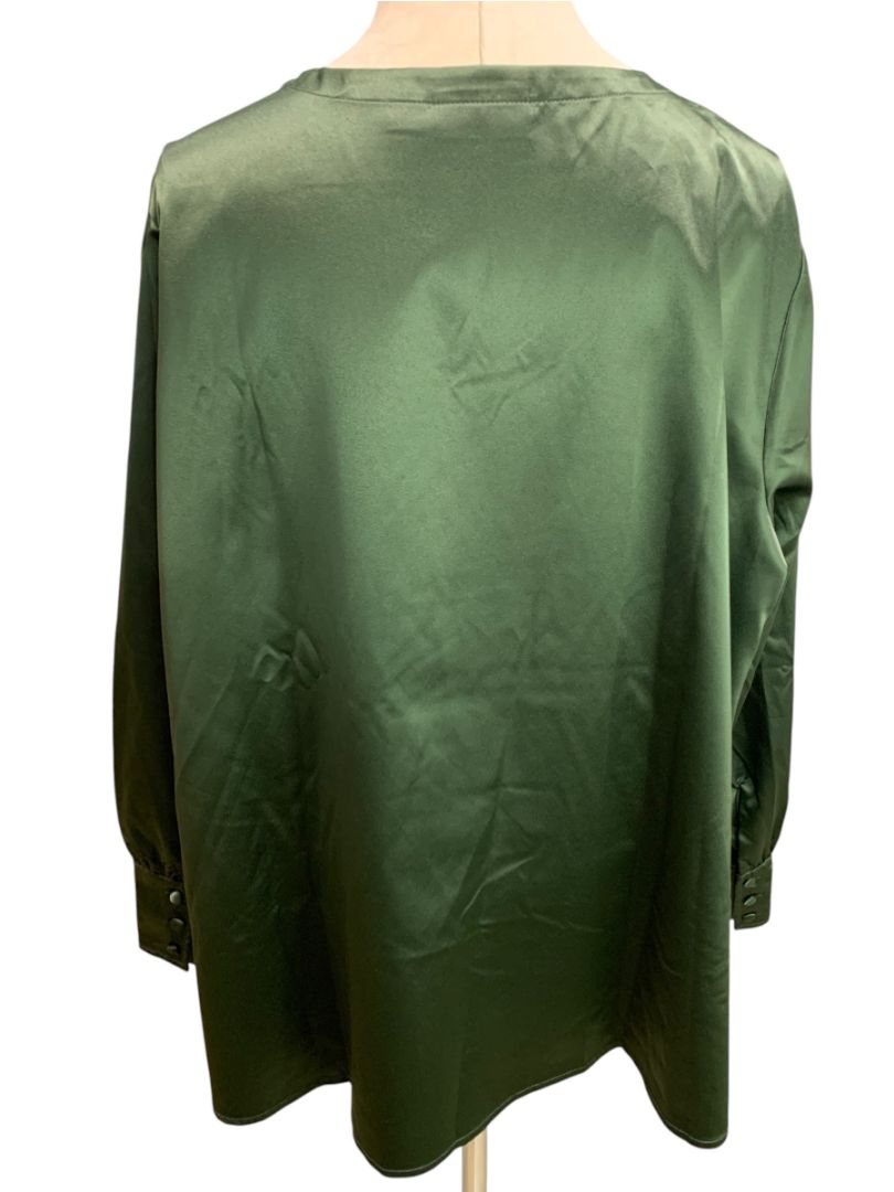 Size 2X Belle by Kim Gravel Forest Green Satin Blouse V-Neck Pullover