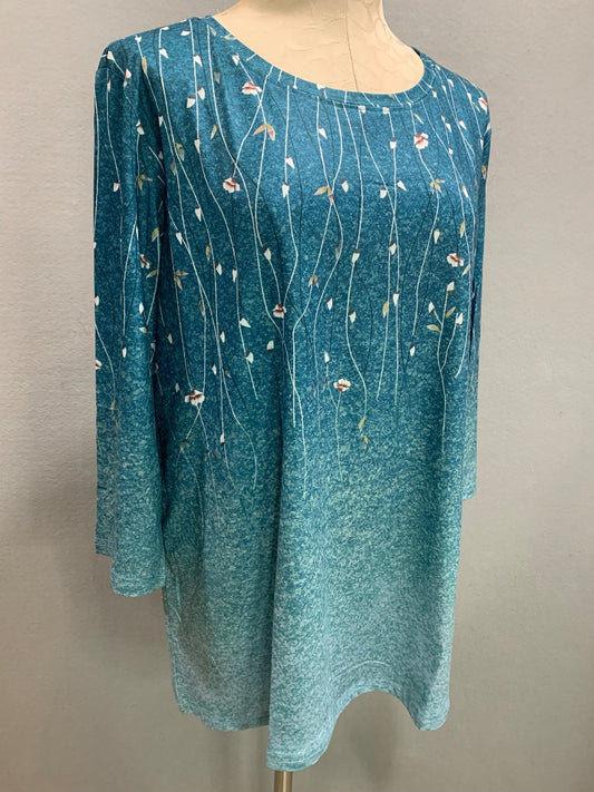 Size 2XL Womens New Teal Floral Ombre Shirt 3/4 Sleeve