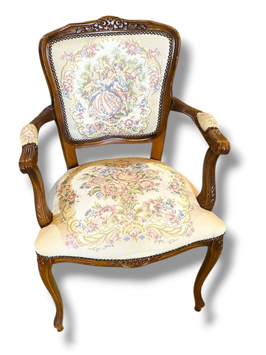 Vintage French Provincial Armchair Louis XV Style Tapestry Fauteuil Carved Wood Accent