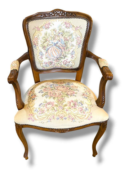 Vintage French Provincial Armchair Louis XV Style Tapestry Fauteuil Carved Wood Accent